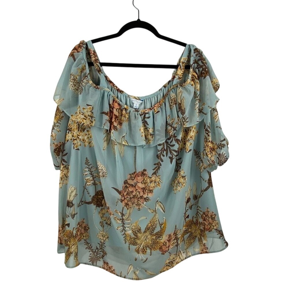 Boutique Womens 2X Blue Floral Chiffon Ruffle Off Shoulder Blouse Top Boho Lined